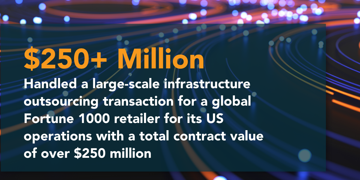 $250+  Million  Handled a large-scale infrastructure outsourcing transaction for a global Fortune 1000 retailer for its US operations with a total contract value of over $250 million.